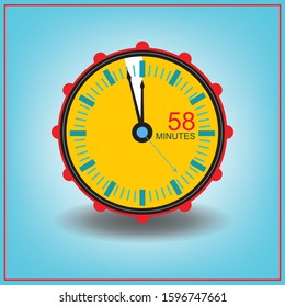 58 Minutes Clock Icon. Vector Fifty Eight Minute Symbol Isolated on Blue Background.