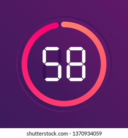 The 58 minutes, stopwatch vector icon, digital timer. Vector digital count down circle board with circle time pie diagram. Watch outline style design, designed for web and app.