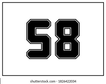 58 number classic american, college style font. Uniform letter in black with a black outside contour line. Vintage sport font.For jersey, t-shirt, basketball, baseball, football. Isolated vector