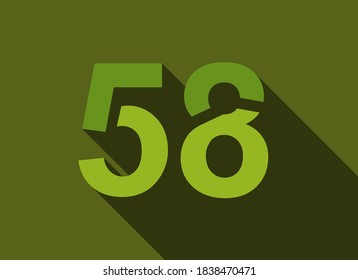 58 Number with long shadow, green colors cutting style. For logo, brand label, design elements, corporate identity, application & more. Vector editable illustration.