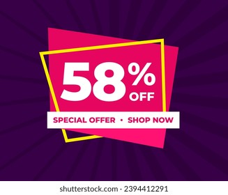 58% off, fifty eight percent, special offer, shop now. Background Label. Purple and pink. Discount special offer. Banner with offer emblem. Modern concept design. Vector illustration.