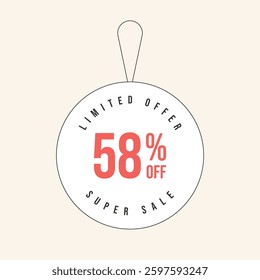 58% OFF flat design of label. Super Sale fifty eight percent off. Sticker illustration limited offer. Vector illustration.