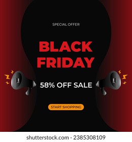 58% off sale Black Friday header with special offer advertising. Fifty eight. Promotional banner with discount and loudspeakers. Vector illustration.