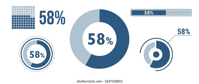 58 percent loading data icon set. Fifty-eight circle diagram, pie donut chart, progress bar. 58% percentage infographic. Vector concept collection, blue color.