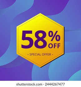 58% Sale and Discount Label. Fifty eight percent Sale Discount label Geometric design. Abstract Blue and Yellow Hexagon. Vector illustration.