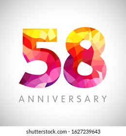 58 th anniversary numbers. 58 years old facet logotype. Age congrats, congratulation idea. Isolated abstract graphic design template. Creative 5, 8 3D yellow red digits. Up to 58% percent off discount
