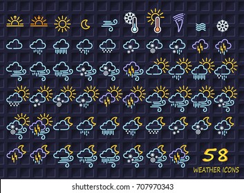 58 vector weather icons. colored icons for a dark background. Seamless 3D pattern.
