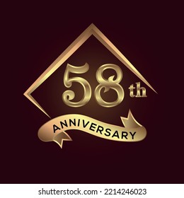 58 year anniversary celebration. Anniversary logo with square and elegance golden colour isolated on red background, vector design for celebration, invitation card, and greeting card