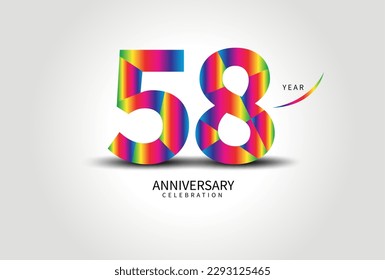58 Year Anniversary Celebration Logo colorful vector, 58 Number Design, 58th Birthday Logo, Logotype Number, Vector Anniversary For Celebration, Invitation Card, Greeting Card. logo number Anniversary