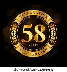 58 Year Anniversary celebration template design, with shiny ring and gold ribbon, laurel wreath isolated on black background, logo vector