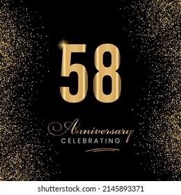 58 Year Anniversary Celebration Vector Template Design Illustration. 58 years golden anniversary sign. Gold glitter celebration. Light bright symbol for event, invitation, award, ceremony, greeting.