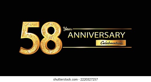 Celebración del 58 Aniversario Diseño vectorial. Celebración del 58° Aniversario. Banner Gold Luxury de la celebración del 58º aniversario con brillantes 3D. Aniversario del vector
