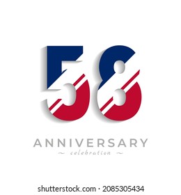 58 Year Anniversary Celebration with White Slash in Red and Blue American Flag Color. Happy Anniversary Greeting Celebrates Event Isolated on White Background