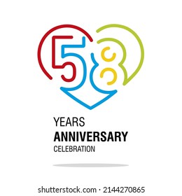 58 Years Anniversary Celebration Decoration Colorful Number Bounded By A Loving Heart Modern Love Line Design Logo Icon White Background