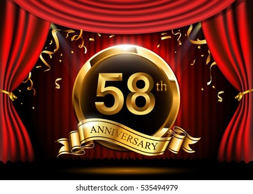 58 years anniversary celebration. with gold ribbon. Curtain background and light shine.