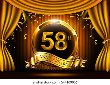 58 years anniversary celebration with gold ribbon. Curtain background and confetti