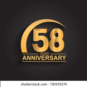 58 years anniversary celebration. Anniversary logo with swoosh and elegance golden color isolated on black background, vector design for celebration, invitation card, and greeting card