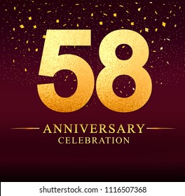 58 years anniversary celebration logotype. Anniversary logo with golden on dark pink background, vector design for invitation card, greeting card.