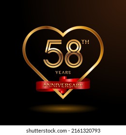 58 years anniversary celebration logotype with gold color and ribbon for booklet, leaflet, magazine, brochure poster, banner, web, invitation or greeting card. Vector illustrations.