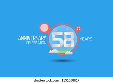58 years anniversary design with pop art style red circle and cloud isolated on blue background for party, birthday and celebration