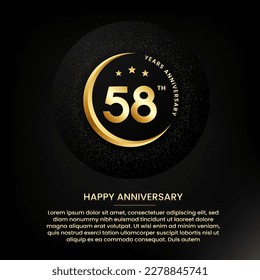 58 years anniversary with a half moon, stars, glitter and editable speech text. Golden half moon anniversary banner template with a golden number