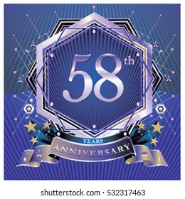 58 years anniversary logo celebration with ring and ribbon. Symbol and template for greeting card