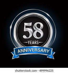 58 years anniversary logo with silver ring and blue ribbon, Vector design.