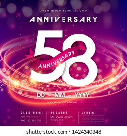 58 years anniversary logo template on purple Abstract futuristic space background. 58th modern technology design celebrating numbers with Hi-tech network digital technology concept design elements.