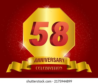  58 years anniversary logo template. Red numbers with golden ribbon.