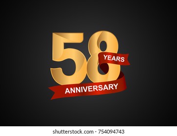 58 years anniversary logotype with elegance gold color and warp red ribbon
