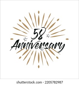 58 years anniversary retro vector emblem isolated template. Vintage logo 58th years with ribbon and fireworks on white background
