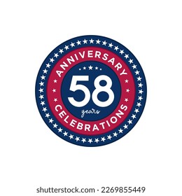 58 years anniversary. Anniversary template design, red and blue colors with stars, design for event, invitation card, greeting card, banner, poster, flyer, book cover and print. Vector Eps10