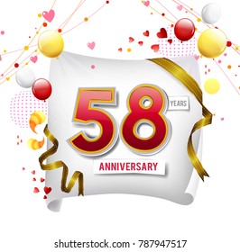 58 years anniversary vector illustration, banner, flyer, logo, icon, symbol. Graphic design element with flag, balloon, ribbon, confetty. Birthday greeting, event celebration