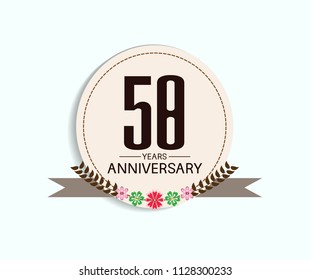 58 years anniversary with vintage style soft brown circle and flower isolated on white background for special celebration event