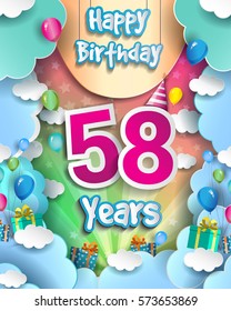 58 Years Birthday Celebration Design for greeting cards and poster, with clouds and gift box, balloons. design template for birthday celebration.