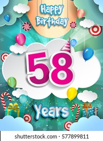 58 Years Birthday Design for greeting cards and poster, with clouds and gift box, balloons. design template for anniversary celebration.