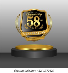 58 years gold anniversary celebration logo with 3d golden cylinder podium , isolated on grey background