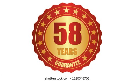 58 Jahre Garantie auf Stempelsymbol oder Garantiemarke, Abzeichen, Etikett, Original-zertifizierte Concept-Siegel, Vektorgrafik, Logo einzeln auf weißem Hintergrund und goldener roter Text