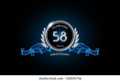 58 years silver anniversary celebration logo with red ribbon , isolated on dark background
