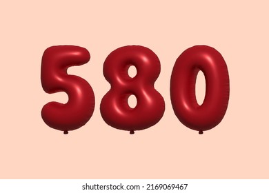 580 3d number balloon made of realistic metallic air balloon 3d rendering. 3D Red helium balloons for sale decoration Party Birthday, Celebrate anniversary, Wedding Holiday. Vector illustration
