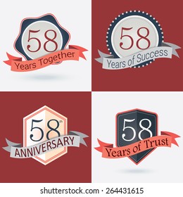 58th Anniversary / 58 years together / 58 years of Success / 58 years of trust - Set of Retro vector Stamps and Seal 
