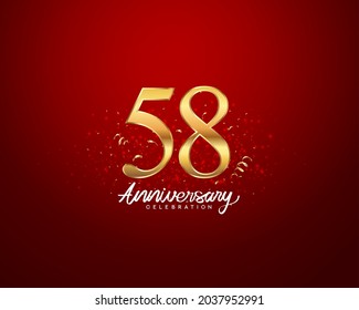 58th anniversary background with 3D number illustration golden numbers and Anniversary Celebration text with golden confetti on red background.