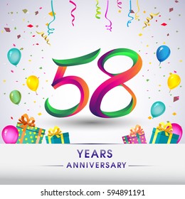 58th Anniversary Celebration Design, with gift box, balloons and confetti, Colorful Vector template elements for your, fifty eight years birthday celebration party.