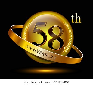 58th anniversary celebration with gold ring and laurel on black isolated background