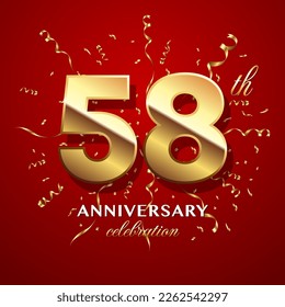 58th Anniversary Celebration. logo design with golden numbers and text for birthday celebration event, invitation, wedding, greeting card, banner, poster, flyer, brochure. Logo Vector Template