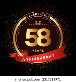 58th anniversary celebration logo design with a golden ring and red ribbon concept, vector template