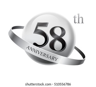 58th anniversary celebration with silver ring on white isolated background