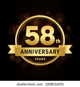58th anniversary, anniversary celebration template design with gold ribbon. Logo vector illustration