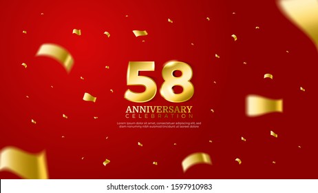 58th anniversary celebration vector red background. Golden numbers with shadow and sparkling confetti modern and elegant design for wedding party event decoration. Editable vector EPS 10