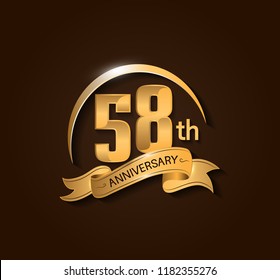 58th Anniversary design logotype. Anniversary logo design with swoosh and elegance golden ribbon. Vector template for use celebration, invitation card, and greeting card